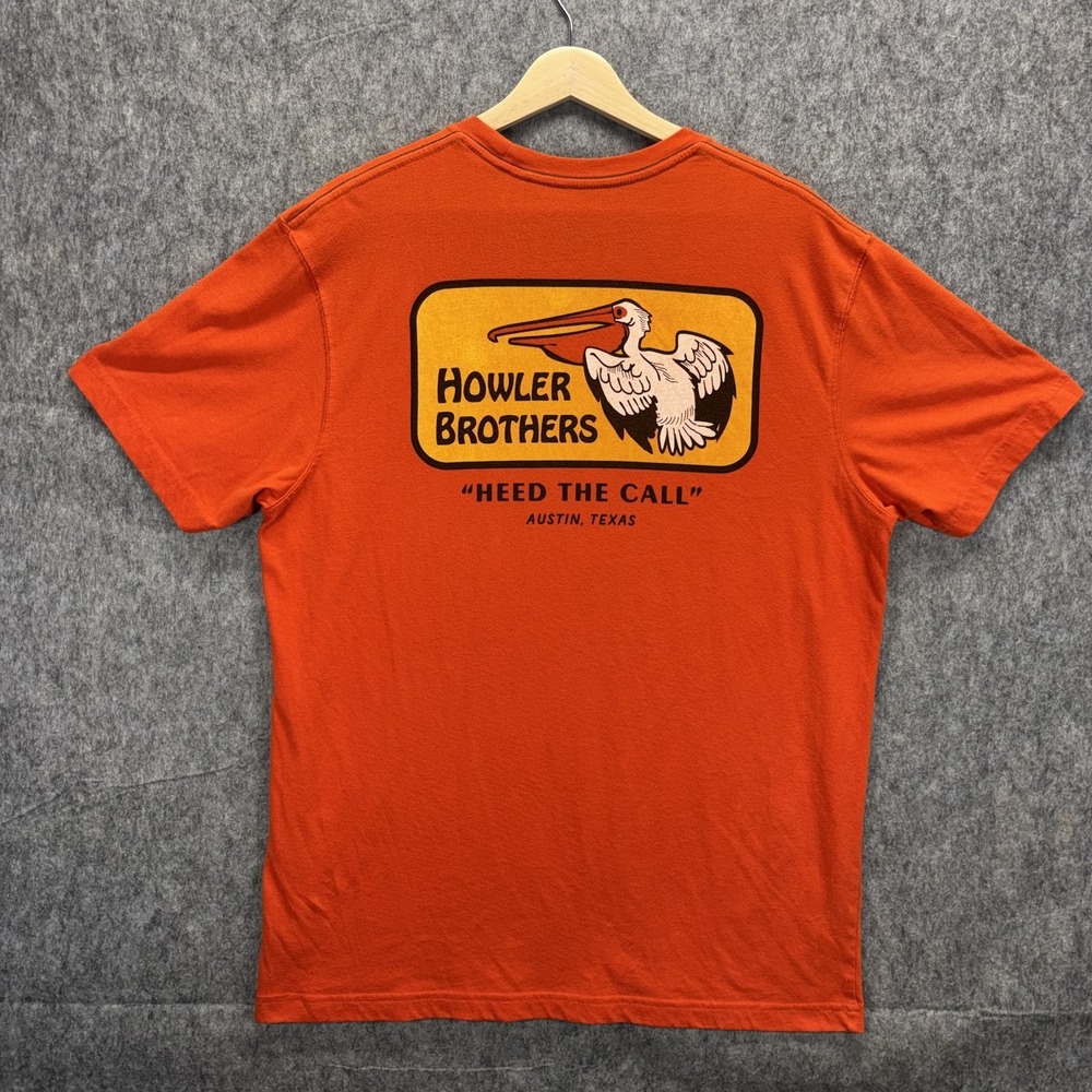 Howler Brothers Men's T-Shirt Large Orange Short Sleeve Pelican Badge